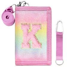 SiorVeol Kids Wallet Girls Trifold Initial Glitter Wallets with Rainbow