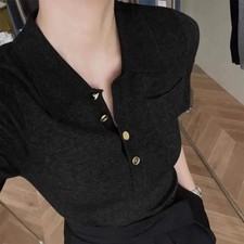FANAN French Polo Collar Gray Short-sleeved Sweater for Women in Summer Short Hi
