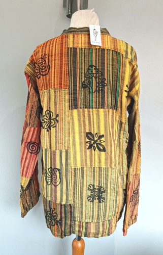 Large (UK 14-16) Yellow Cotton Patchwork Button Neck Hippy Top, Indian, New - Picture 3 of 7