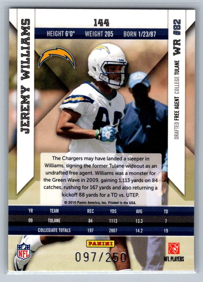 2010 Panini Epix #144 Jeremy Williams Rookie Silver #/250 San Diego Chargers H60 - Image 2 of 2