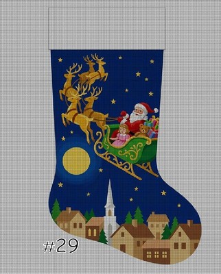 Santa Sleigh Moon Hand Painted Design Christmas Stocking Needlepoint Canvas
