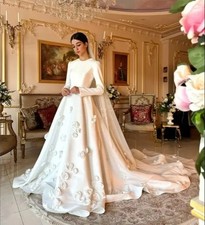 Elegant High Neck Long Sleeve Wedding Dress White Delicate 3D Flower Applique