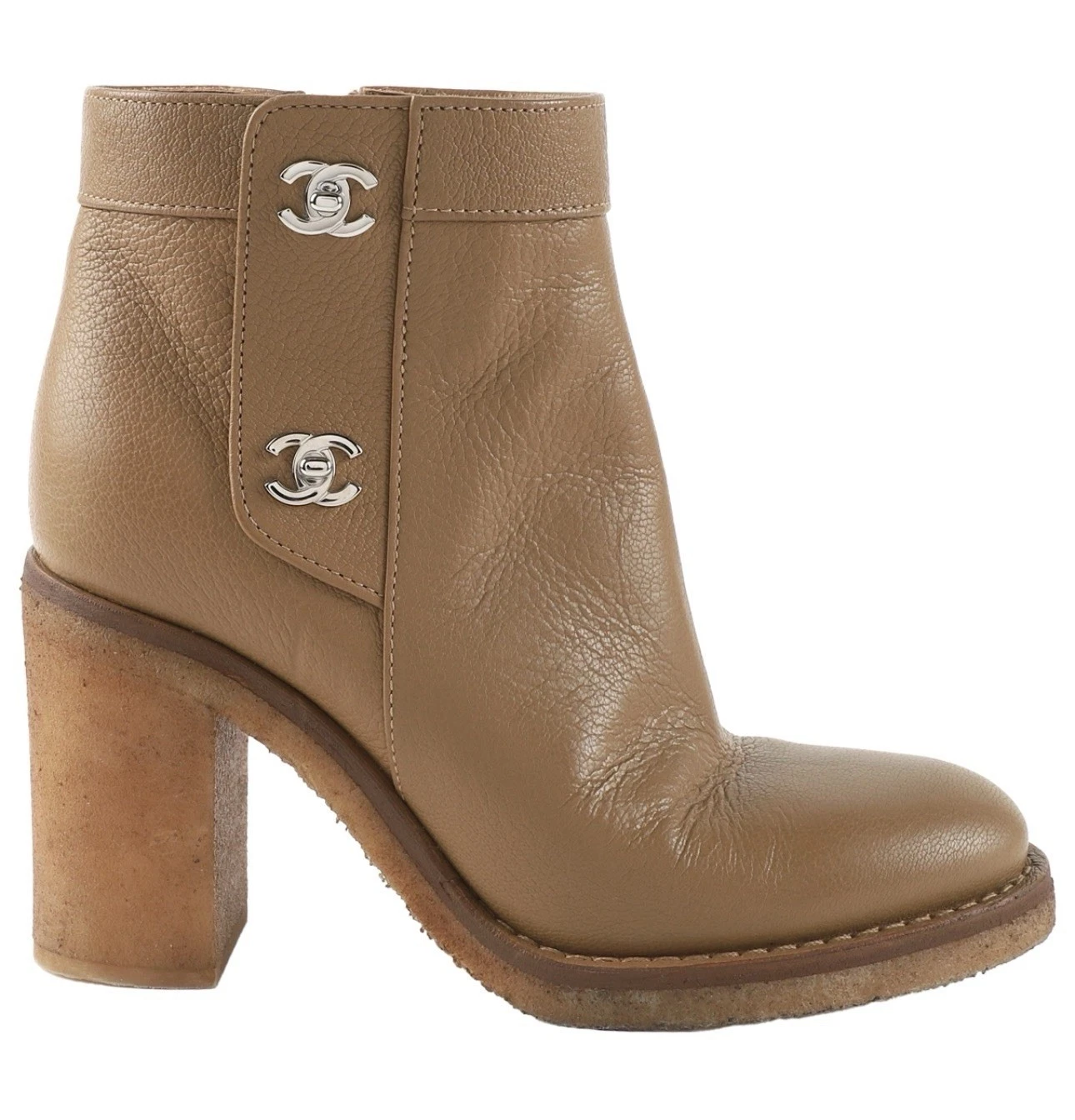 Chanel — Chanel Camel Brown Grain Leather Interlocking CC Turn Lock Ankle Boots 37
