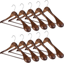 Wooden Suit Hangers 10 Pack Wide Shoulder Non-Slip Pants Bar Swivel Hooks Walnut