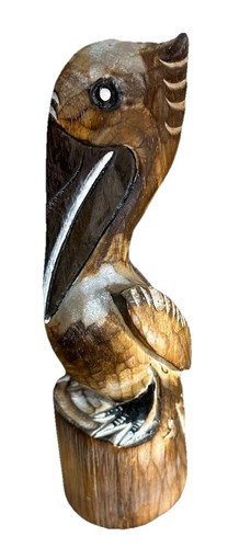 Hand Carved Pelican Ocean Bird Wood Sculpture Cottage Fish Tropical Island Art