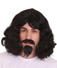 Musketeer Wig & Goatee Black Old Fashioned Costume Hairpiece Premium Cap