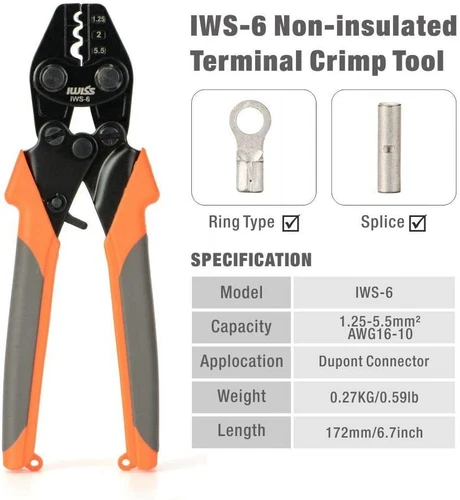 IWISS IWS-6 Crimping Plier for AWG16-10 Non-Insulated Terminals 1.25mm 2.0mm 6mm