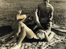 1970s Vintage Photo – Playful Shirtless Men in Trunks Male Bonding