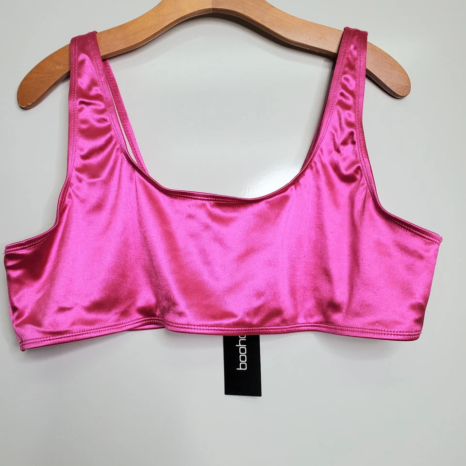 NUEVO CON ETIQUETAS BOOHOO Essentials Top de Bikini Escote Satinado Rosa Metálico Talla EE. UU. 16 Fiesta Rave Foto 2 de 4