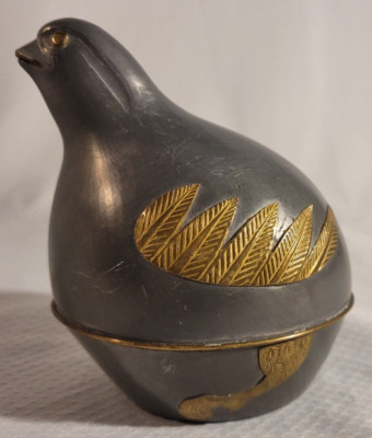 Vintage Pewter & Brass Metal Bird Quail Jewelry Trinket Box W/Lid Hong Kong