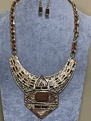 Multi Brown Small Bead Stud On aztec Style Pendant Necklace Earring Set