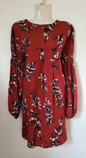 Vintage Size M Red Floral Long Sleeve Shift Dress Knee Length Crew Neck