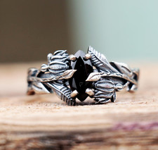 Silver Leaves Ring, Black Onyx Ring, Marquise Ring, 925 Sterling Silver Ring