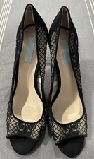 New Betsey Johnson Nila Black Lace Peep Toe Pump Heels Embroidered Pinup Sz 10M