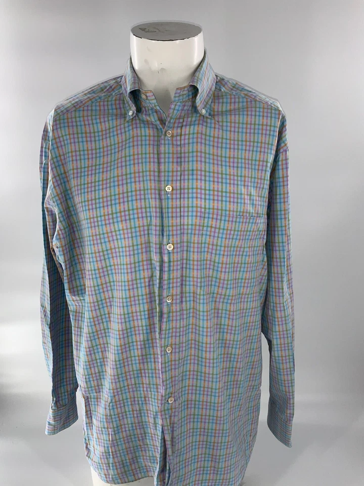 Camisa Jeff Rose Manga Larga Botón L Hombres Azul Rosa Amarillo Cuadros Italia YGI D2-52 Foto 2 de 4