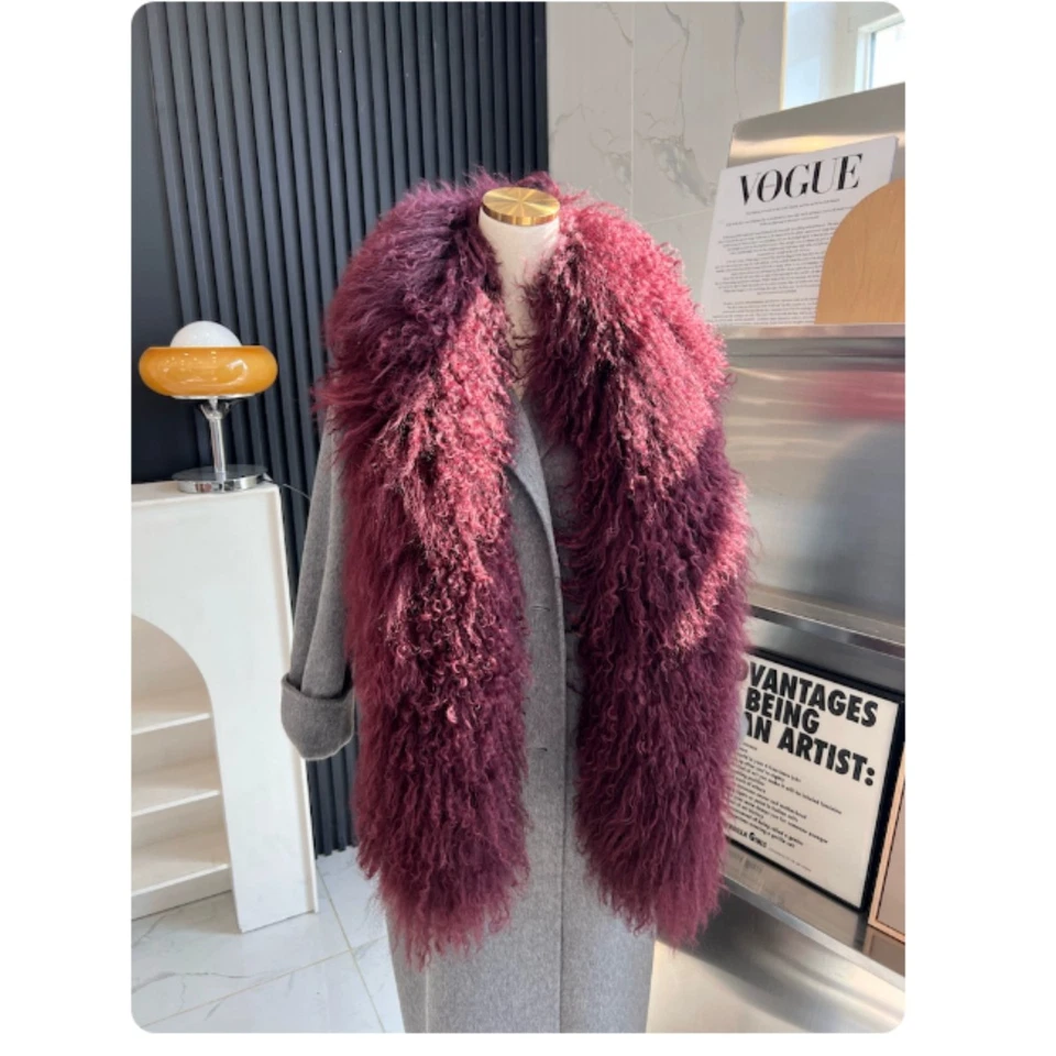 Real Mongolian Lamb Fur Scarf Shawl Wraps Long Double Sides Fur Pink Black Grey - Image 2 of 4