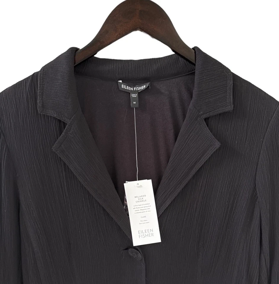 Blazer Eileen Fisher Negro Seda Relajada Arrugada Manga 3/4 Talla Mediana Foto 3 de 4