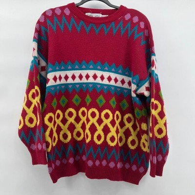 Knit Works Graphic Womens Sweater Large Colorful Retro Vintage 80s 90s