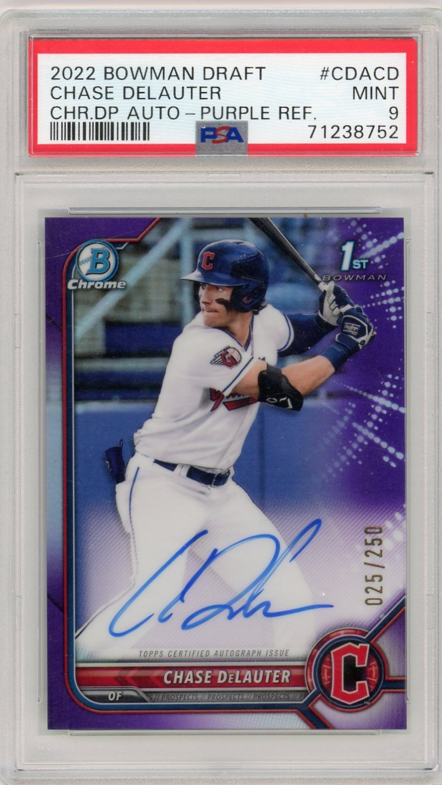 2022 Bowman Draft Chase Delauter Chrome 1st Auto Purple Refractor /250 PSA 9