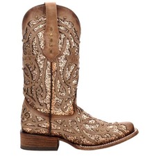 Corral Boots Glitter TooledInlay Square Toe Pull On Cowboy Womens Brown Casual