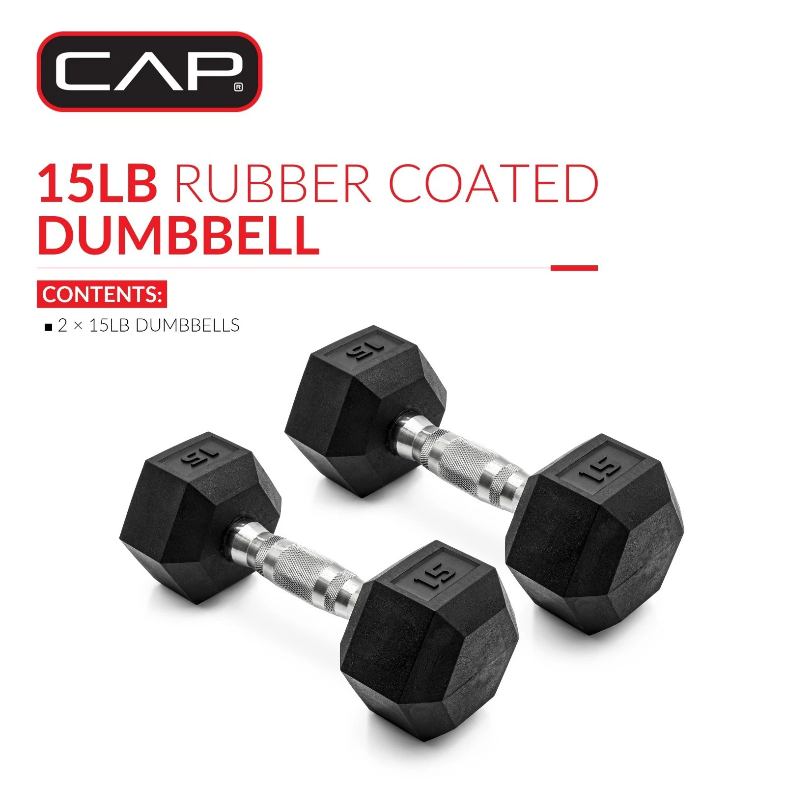 CAP Barbell 15lb Coated Rubber Hex Dumbbells, Pair - Ergonomic No-Roll Design