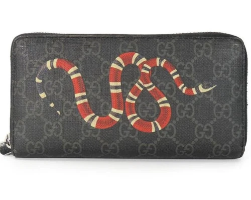 Gucci Authentique Portefeuille Homme Long Rond Fermeture Éclair Imprimé Serpent GG Supreme Toile Noir