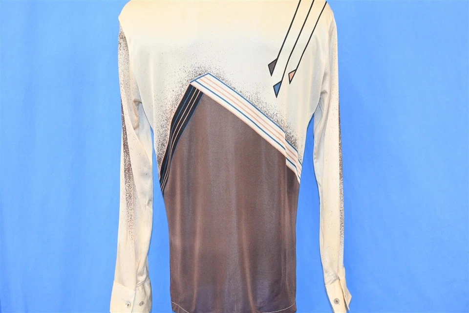 винтажный 70-х LA STRADA КОРИЧНЕВЫЙ БЕЖЕВЫЙ ГЕОМЕТРИЧЕСКИЙ КУБ АЦЕТАТ БОЛЬШОЙ ВОРОТНИК ДИСКО РУБАШКА S - Изображение 3 из 4