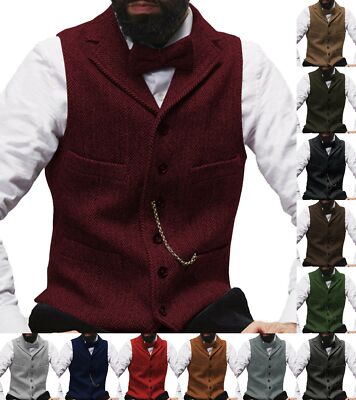 Men's Vintage Western Cowboy Vest – Tweed Herringbone, Wool Blend, Sizes M To 3XL