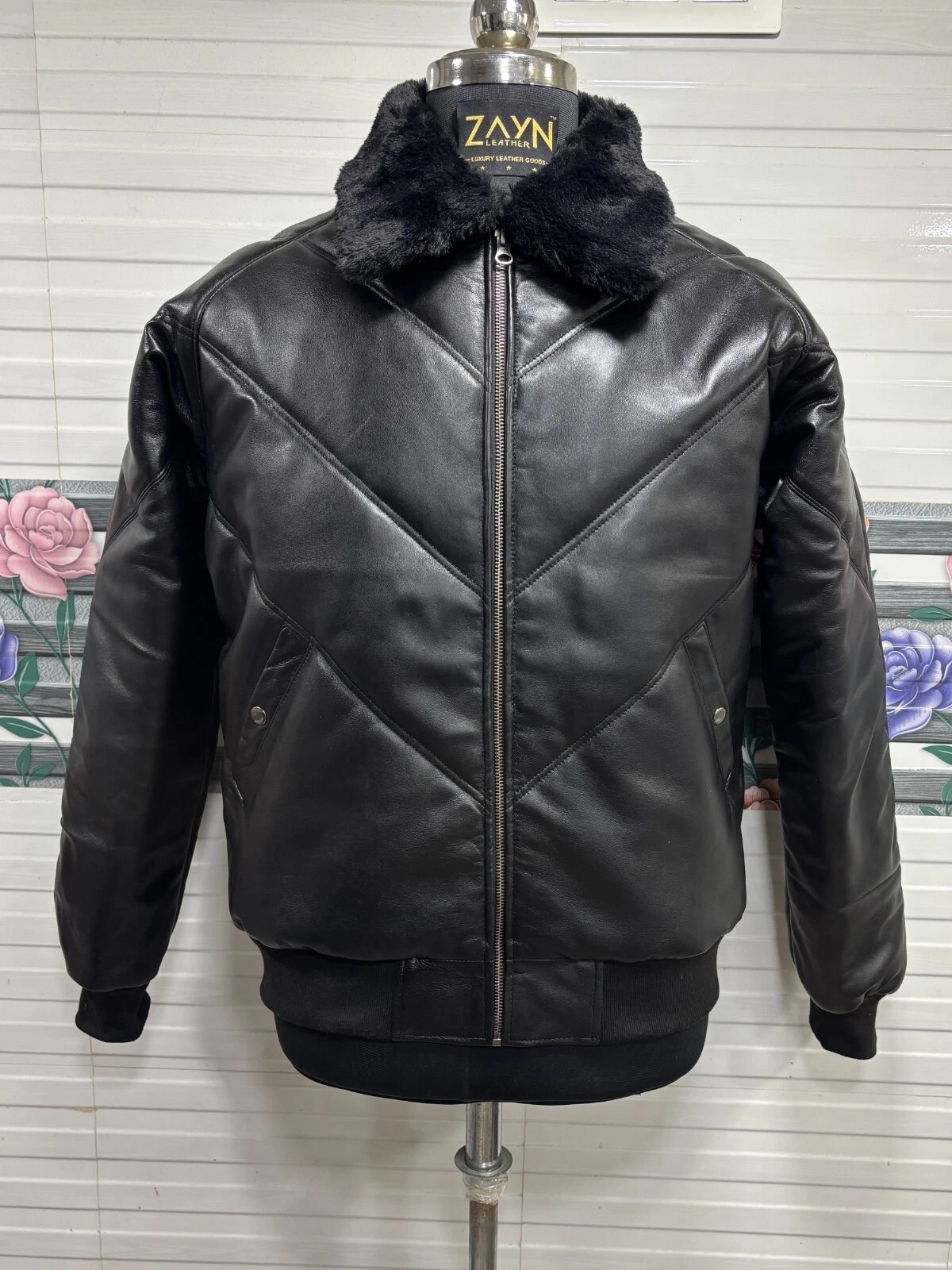 Men's Black Lambskin Leather Puffer Jacket Quilted Winter Jacket Faux Fur Collar