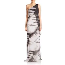 Halston Heritage women one shoulder tie-dye long caftan dress gray/black size 4