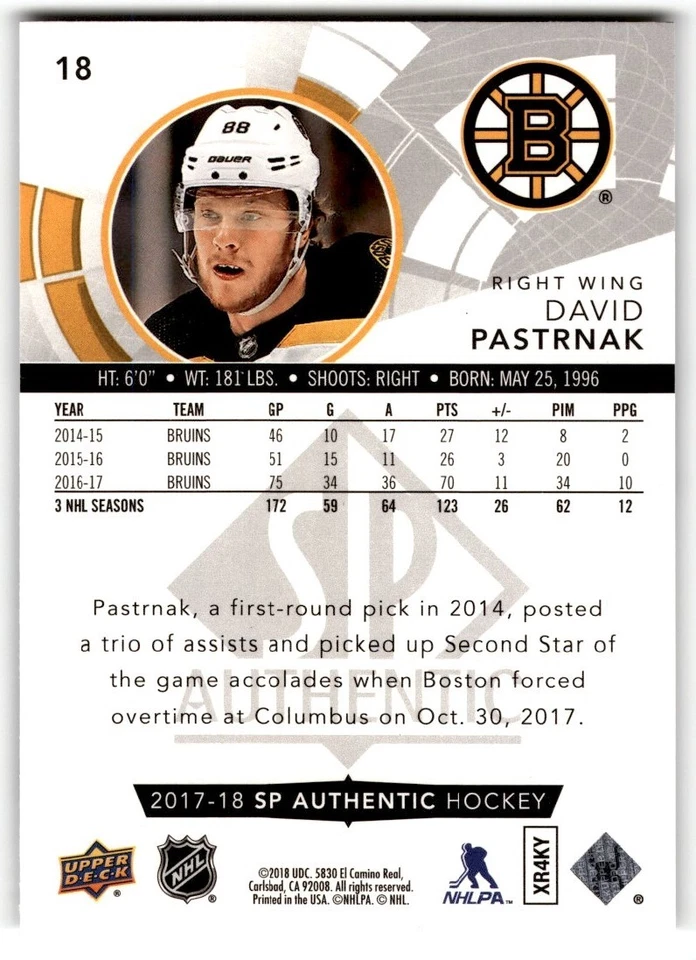 2017-18 SP Authentic David Pastrnak #18 Boston Bruins - Image 2 of 2