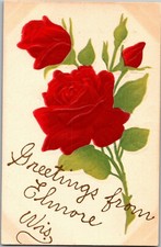 Embossed Red Roses, Greetings from Elmore WI Vintage Postcard F45