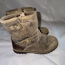 UGG Girls Brown Harwell Bomber Teak Suede Ankle Buckle Boots Size 8 Toddler