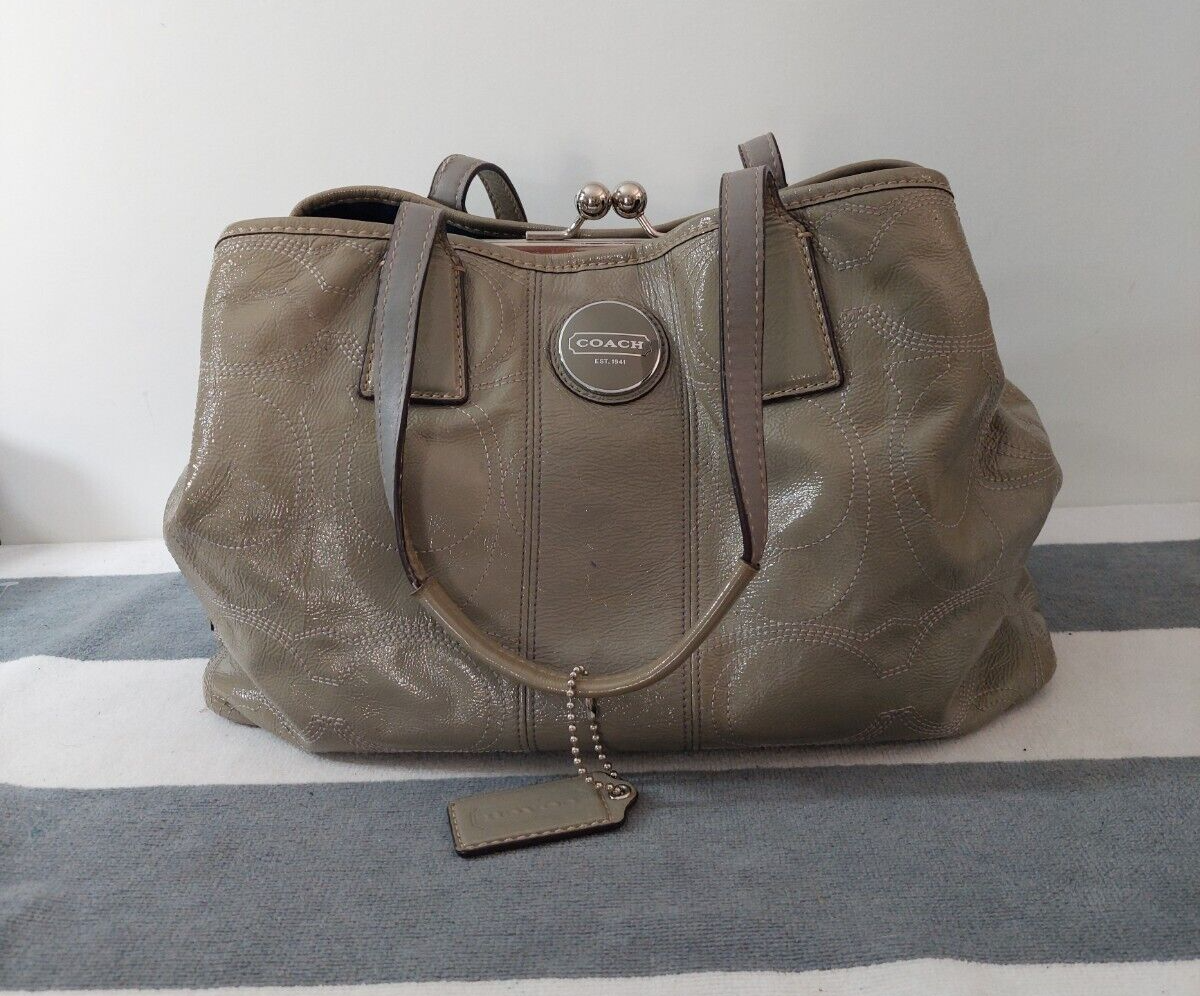 Coach Handbag Purse Bag F15658 Kisslock Framed Stitch Pewter Khaki
