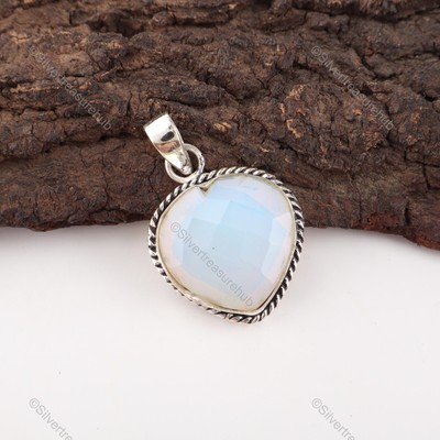 #ad Heart Milky Opal Stone Sterling Silver Channel Set October Birth Pendant Jewelry $17.97