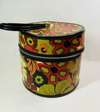 Vtg Floral Flower Hat Box Wig Case Train Case Round Travel Luggage