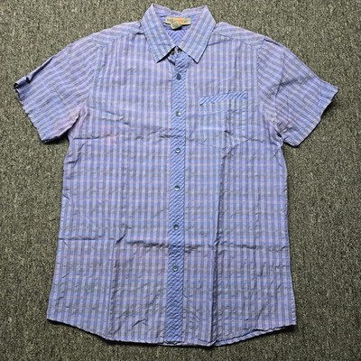 Mango Homini Emerito Men's SMALL Purple Plaid Short Sleeve Button Down Shirt