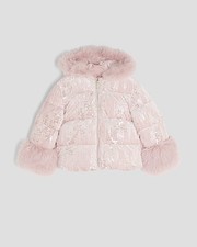 River Island Girls Puffer Coat Pink Sequin Hooded Padded Outerwear Top