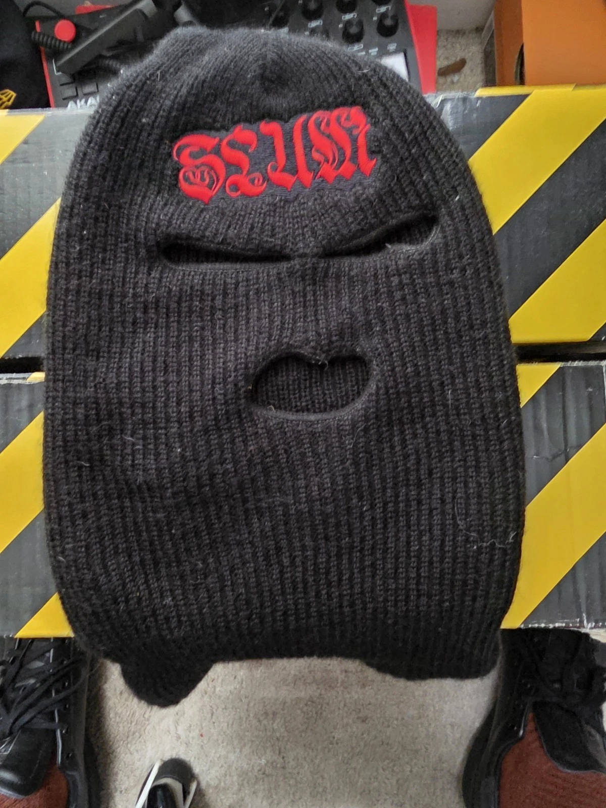 Black Knit Balaclava Ski Face Mask, Red Embroidered Logo, One Size Slumerican.