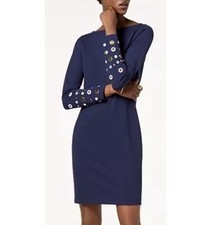 Michael Kors Navy Blue Sheath Dress White and Gold Grommets Long Sleeve Medium