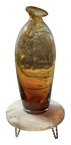 "Florero de vidrio ámbar soplado a mano con burbujas vidrio grueso alto estriado inclinado superior 13 1/2""" - Imagen 11 de 13