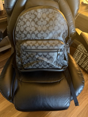 #ad Coach Signature Canvas Men#x27;s Backpack Gray Black Leather Shoulder Strap Pockets $145.00