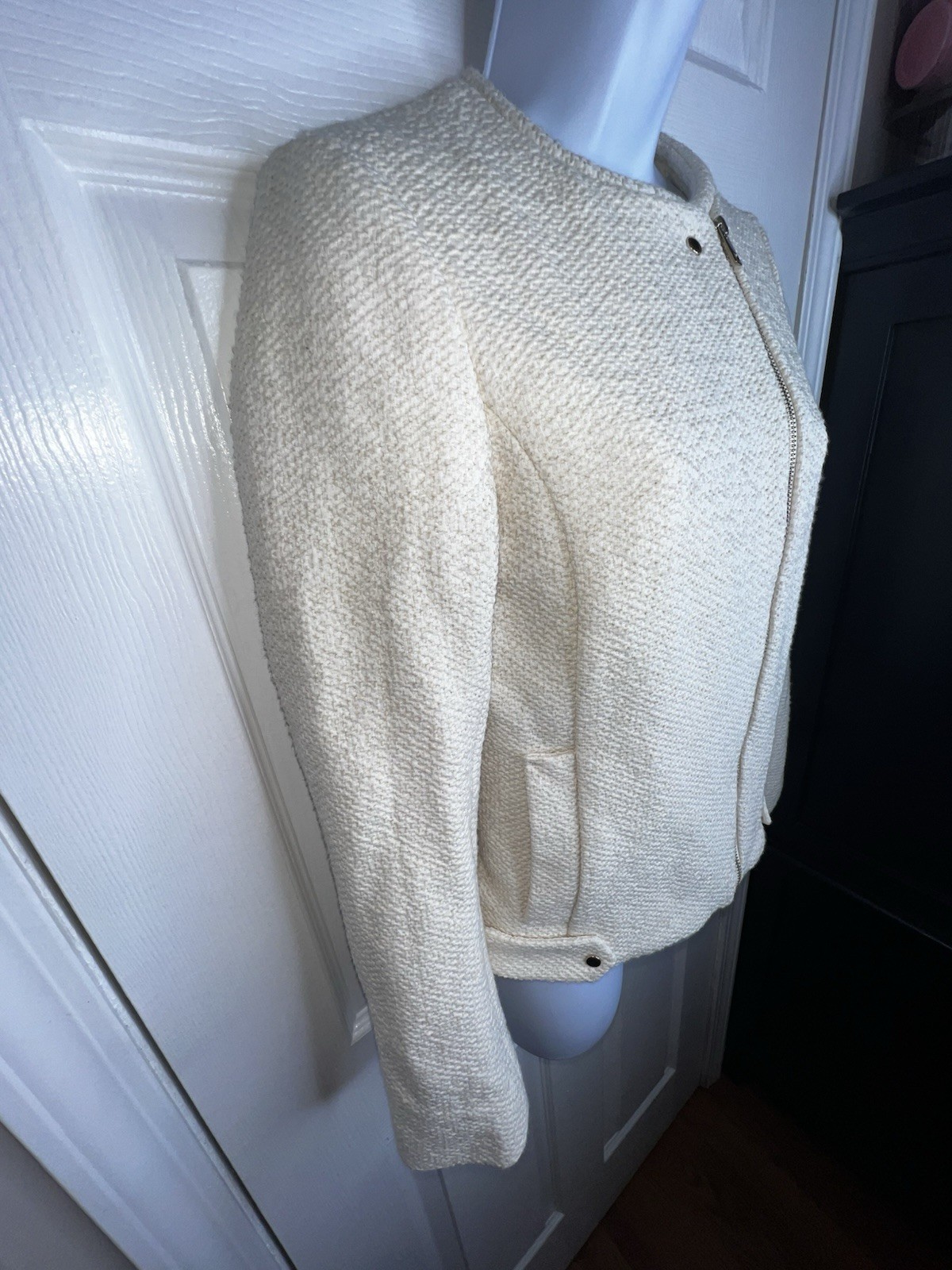 H&M Women’s US 4 Cream Cotton Tweed Zip Moto Biker Jacket Blazer Career EUR 34 thumbnail 8