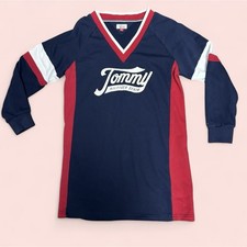 Tommy Hilfiger Denim Rugby Sweatshirt Dress Navy Red White V-Neck Retro Y2K M