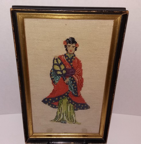 VTG Framed Handworked Cross Stitch Art Needlepoint Asian Oriental Geisha Emperor