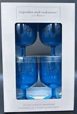 NIB Set of 4 CUPCAKES AND CASHMERE Acrylic Drinkware 8 oz Blue Wine Glasses