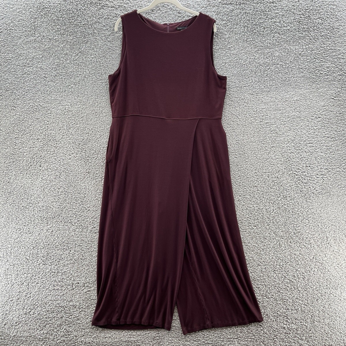 Eileen Fisher Jumpsuit Women Large Burgundy Stretch Jersey Wide Leg Faux  Wrap