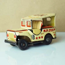 1950s Vintage Tin Litho S.S.S. JAPAN M.P. Jeep Friction Toy w/ Red Eagle and