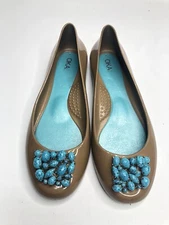Oka B Ballet Jelly Flats Tan Faux Turquoise Aqua Stones Size 7 US Size 37 EUR