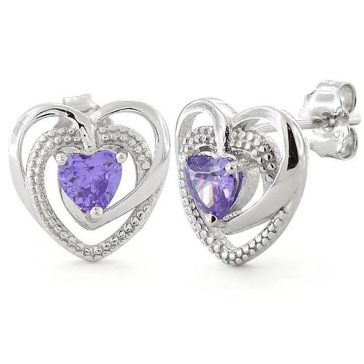 Precious Heart Purple Amethyst CZ Earrings 925 Sterling Silver Rhodium Stylish - Image 2 of 2